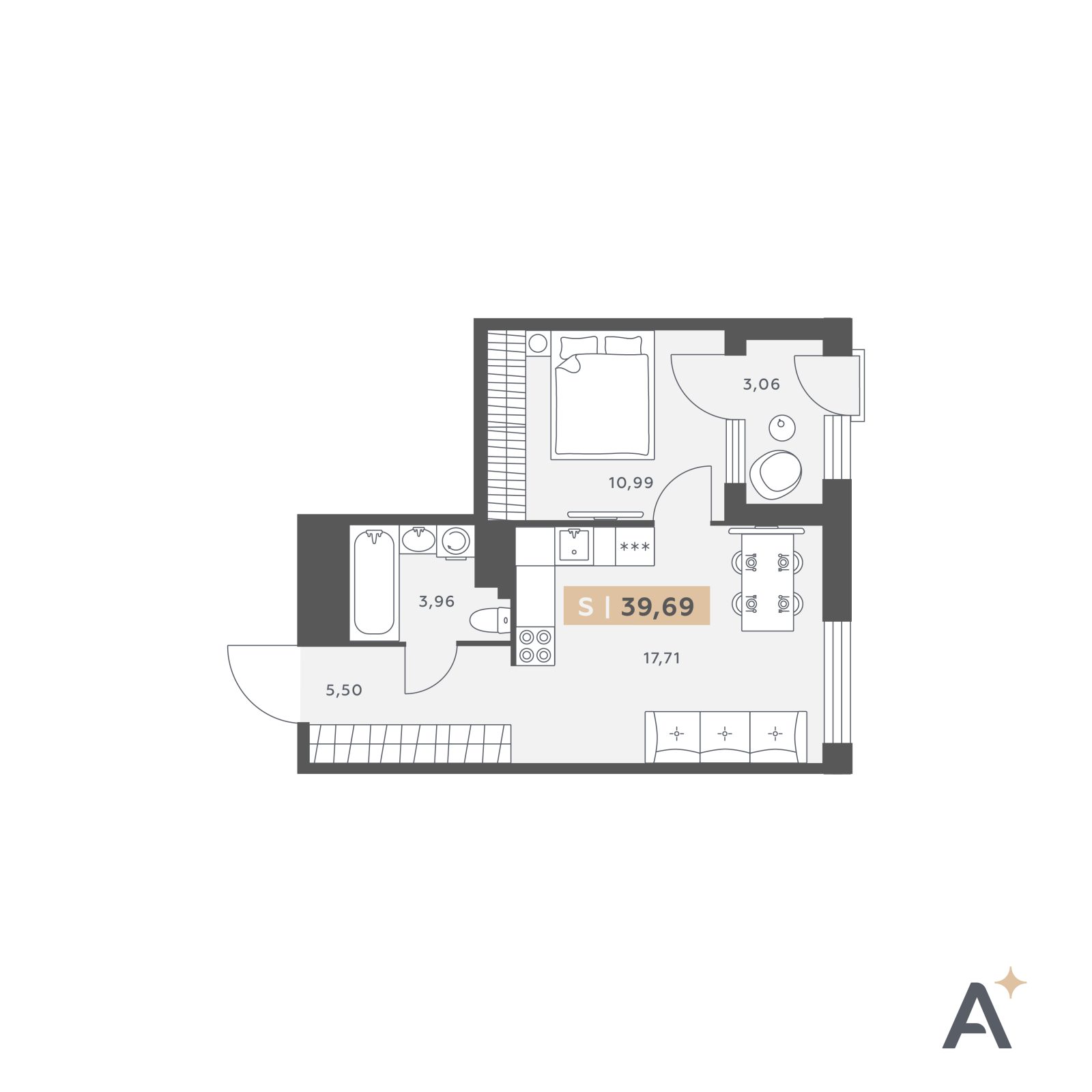 Планировка: 2-комнатная квартира, 39,7 м²