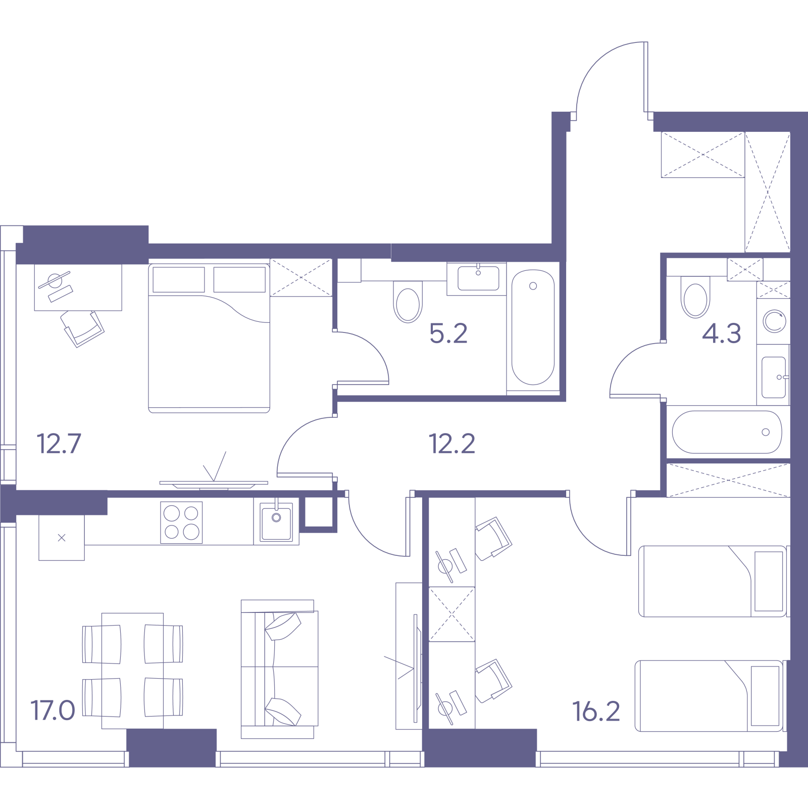 Планировка: 3-комнатная квартира, 67,6 м²