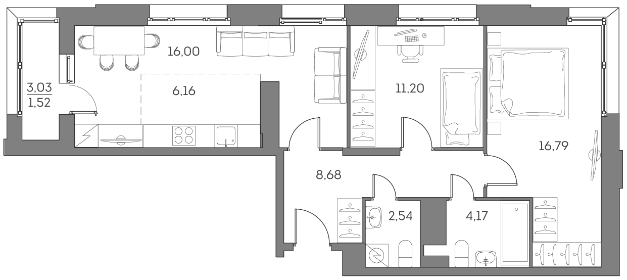 Планировка: 3-комнатная квартира, 67,1 м²