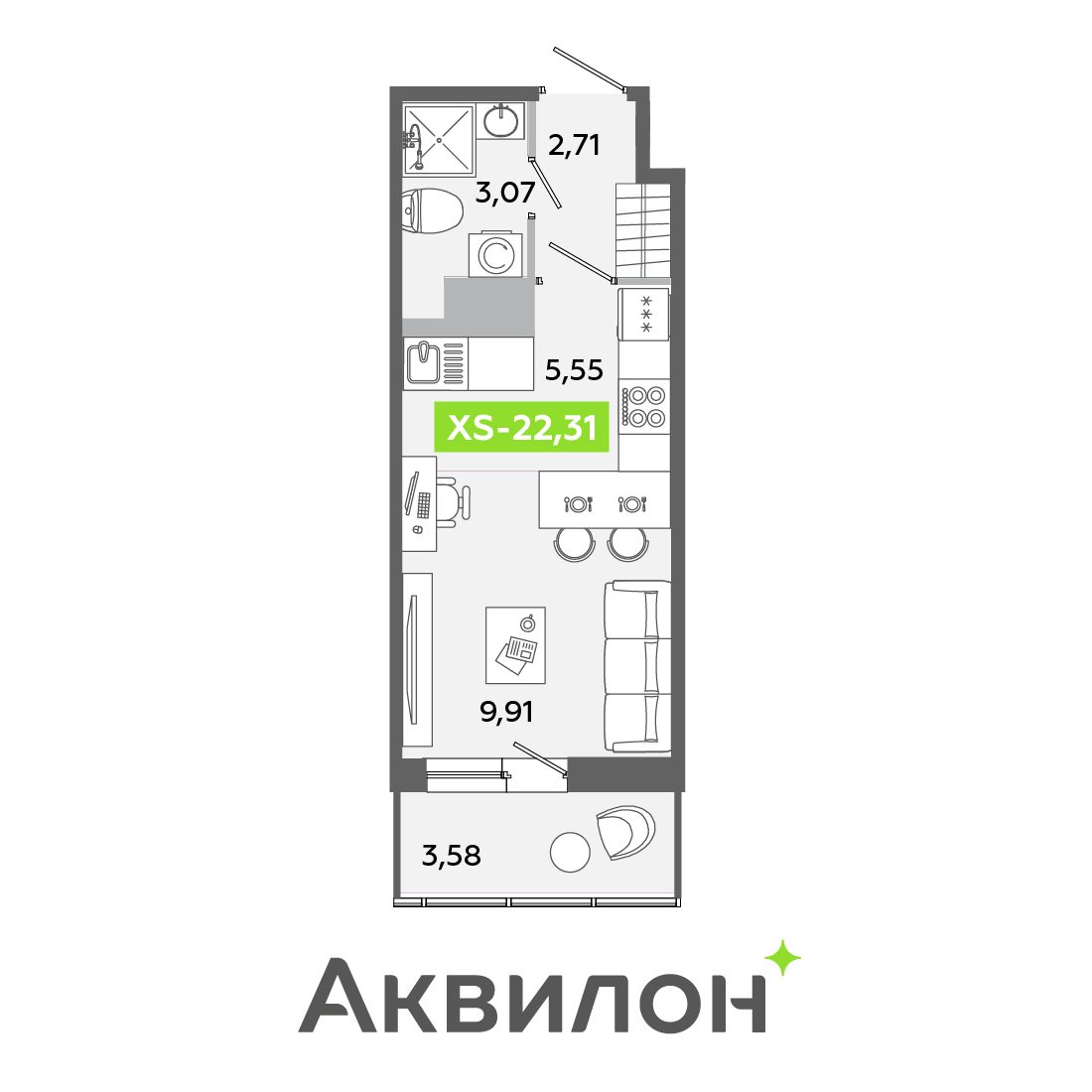 Планировка: студия, 22,3 м²