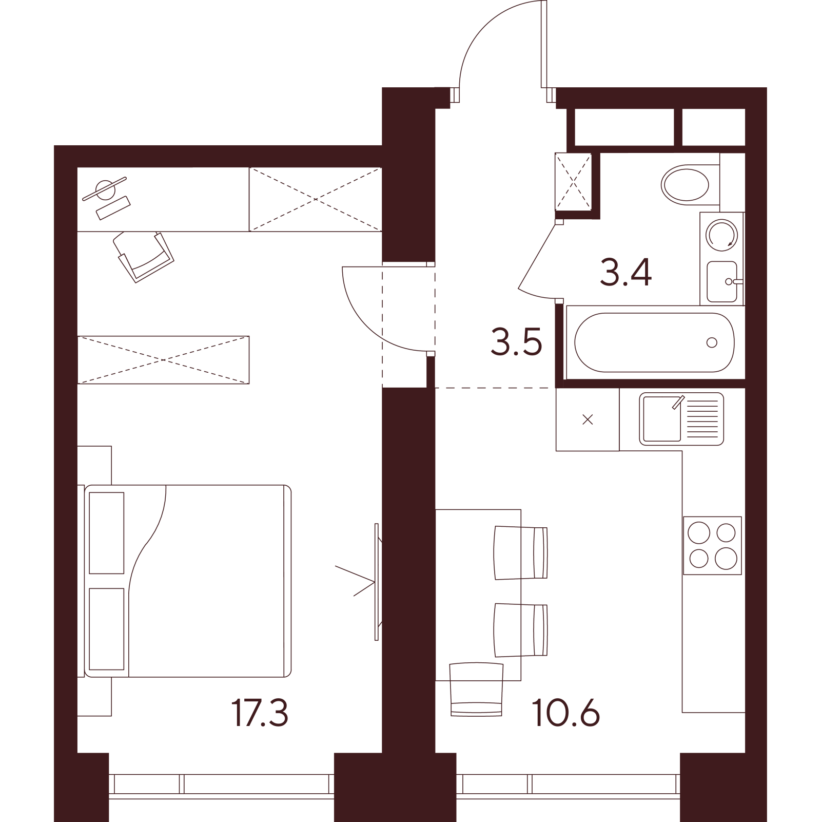 Планировка: 1-комнатная квартира, 34,8 м²