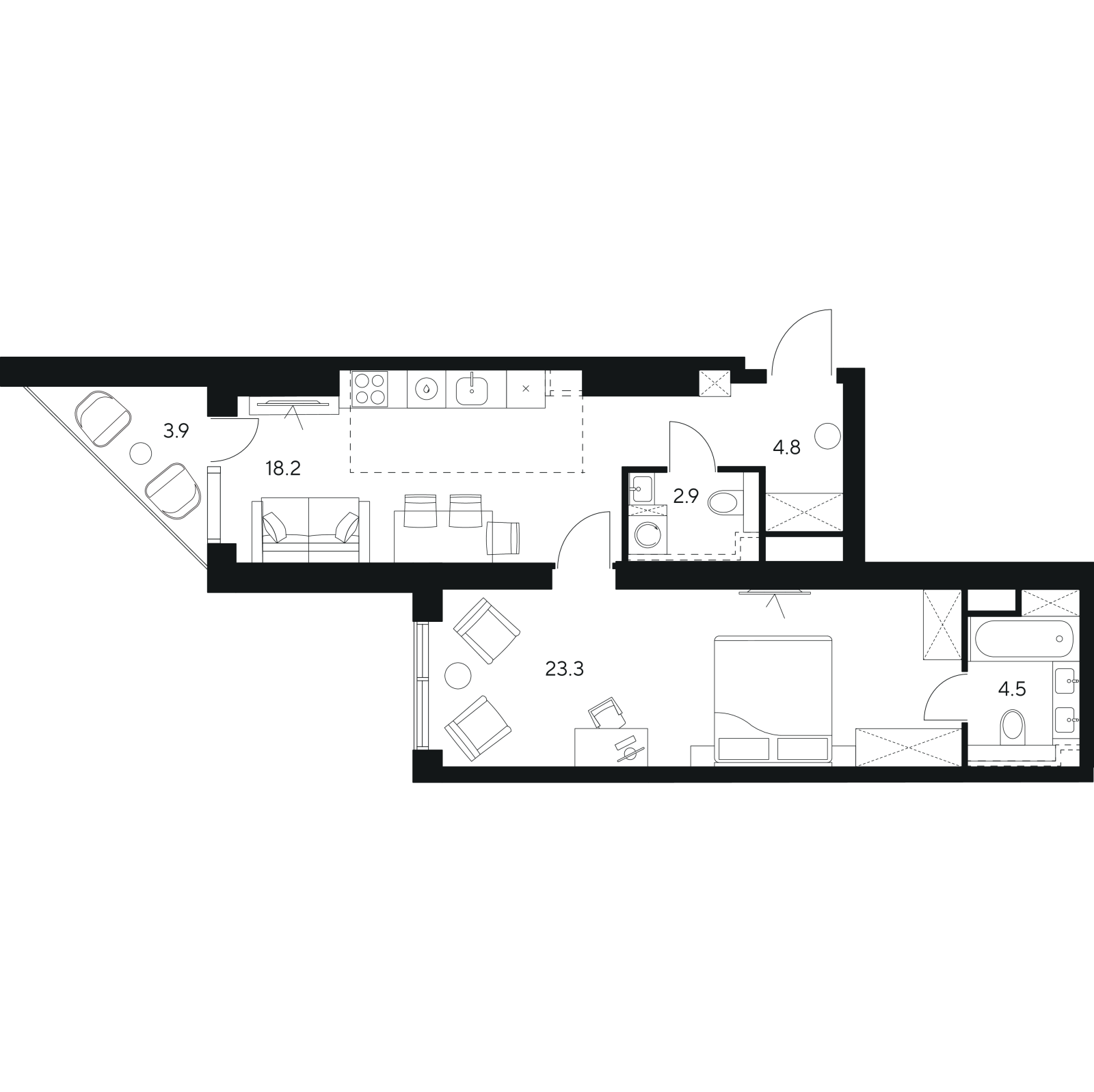 Планировка: 2-комнатная квартира, 57,6 м²