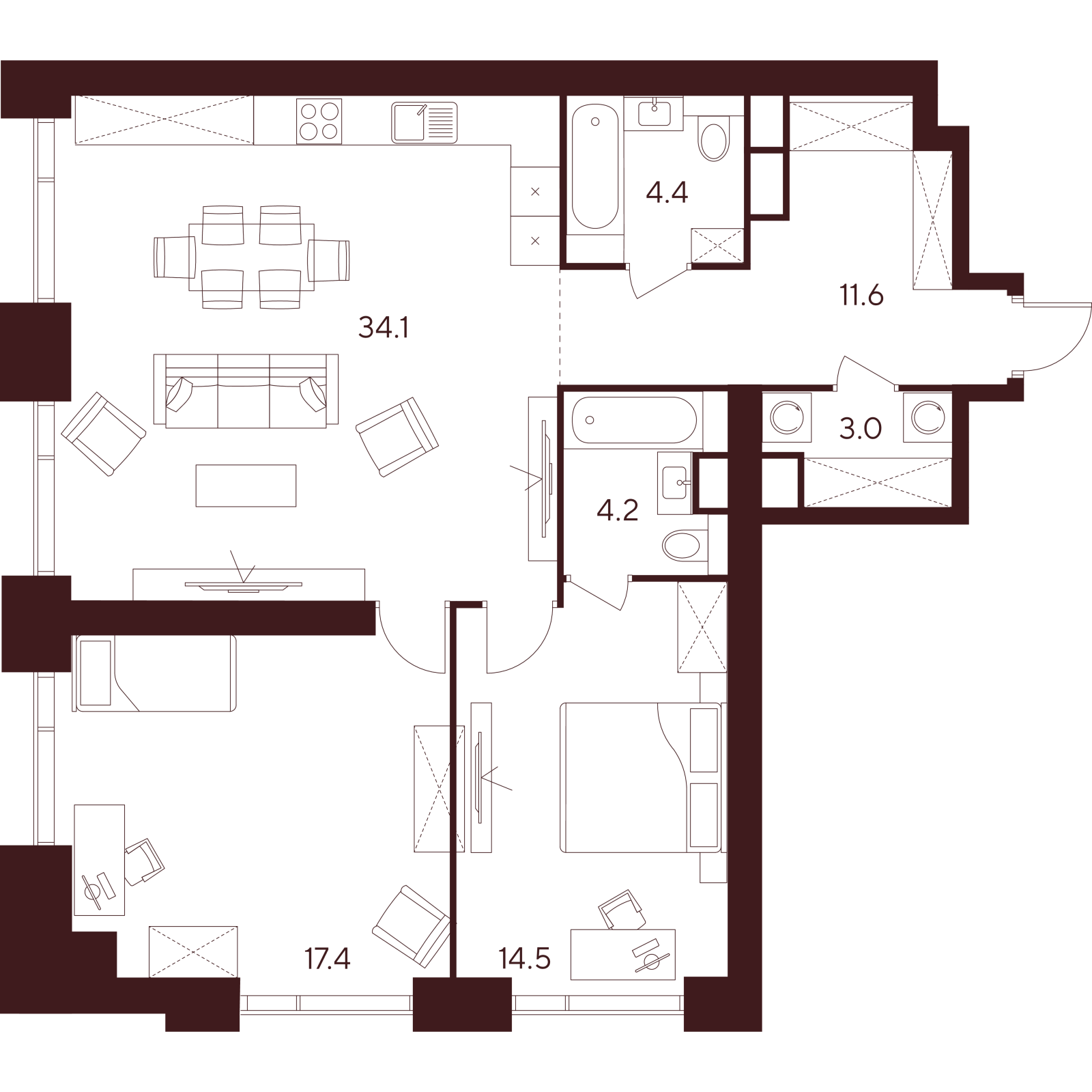 Планировка: 3-комнатная квартира, 89,2 м²