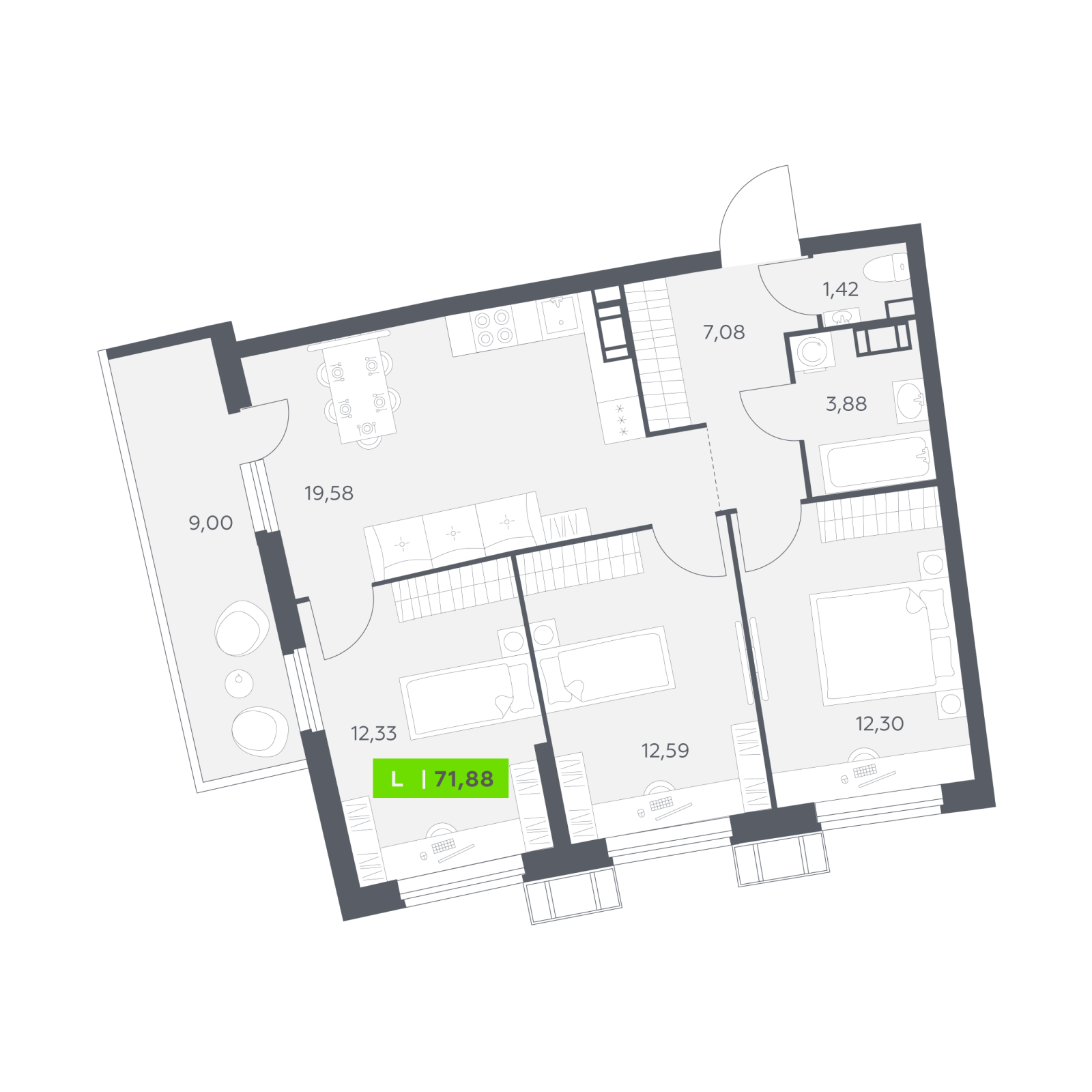 Планировка: 4-комнатная квартира, 71,9 м²