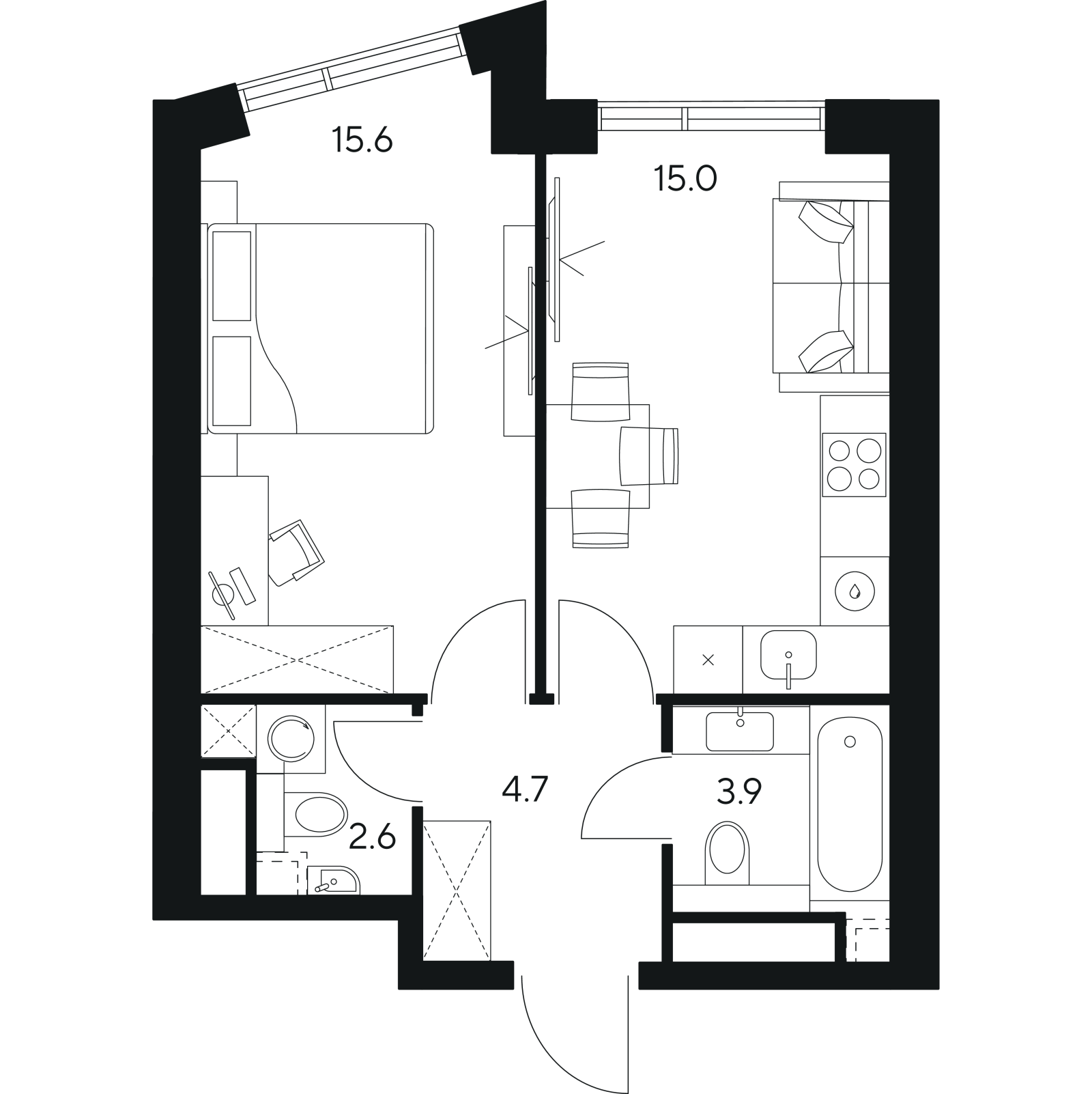 Планировка: 1-комнатная квартира, 41,8 м²