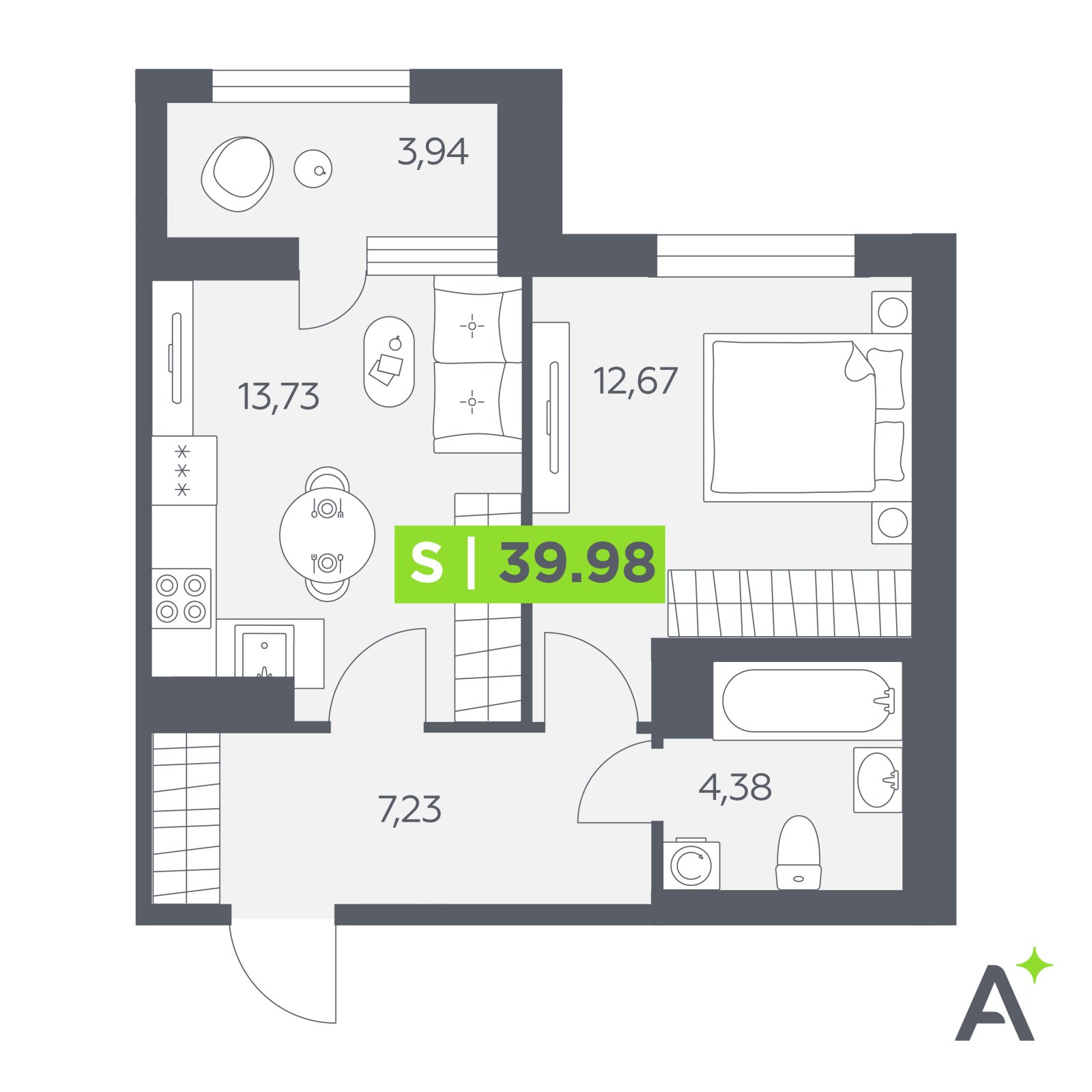 Планировка: 2-комнатная квартира, 40,0 м²