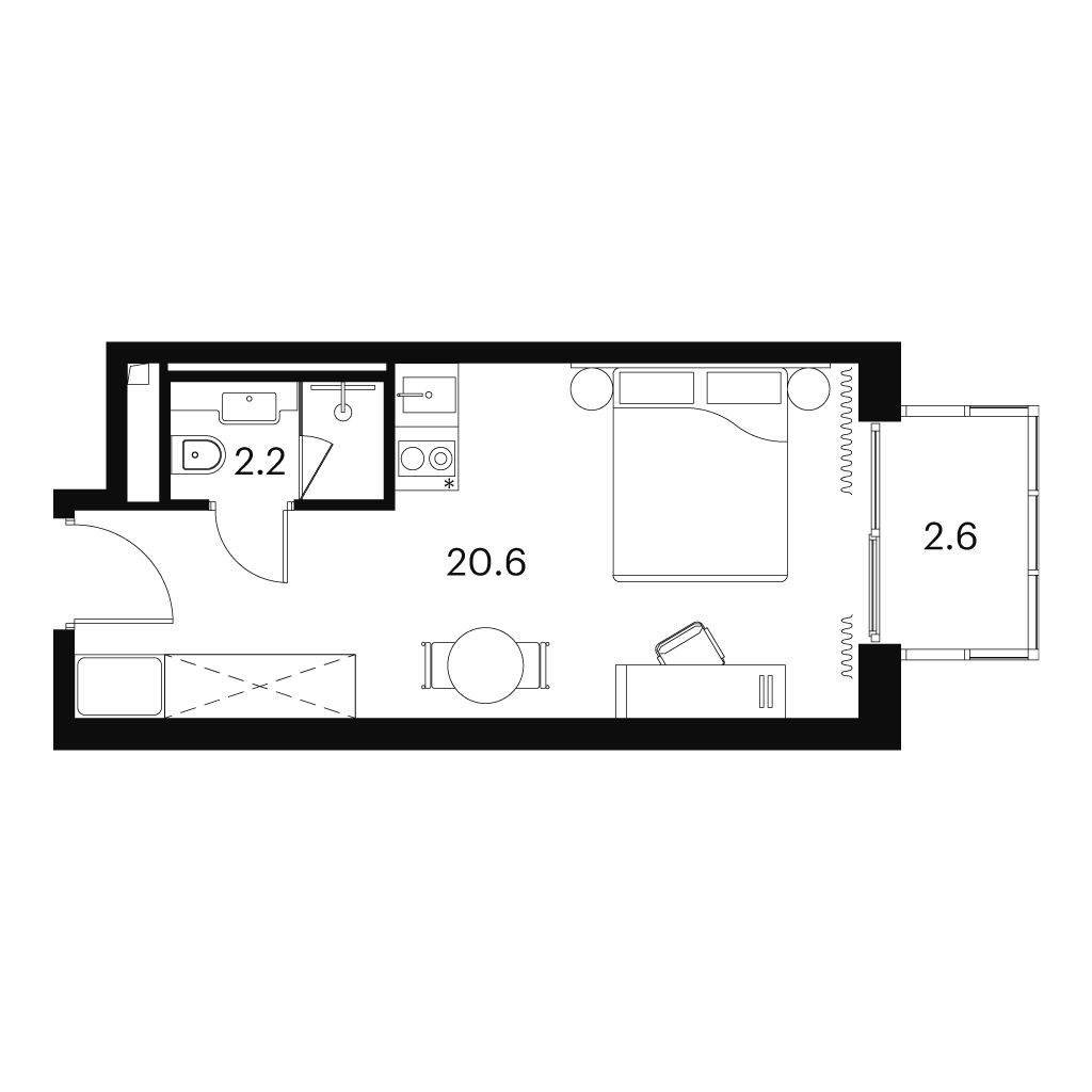 Планировка: студия, 25,4 м²