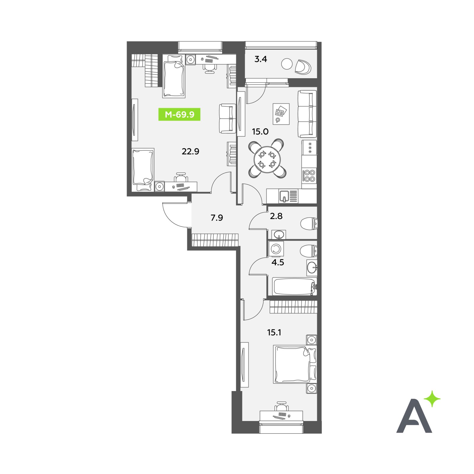 Планировка: 3-комнатная квартира, 69,9 м²