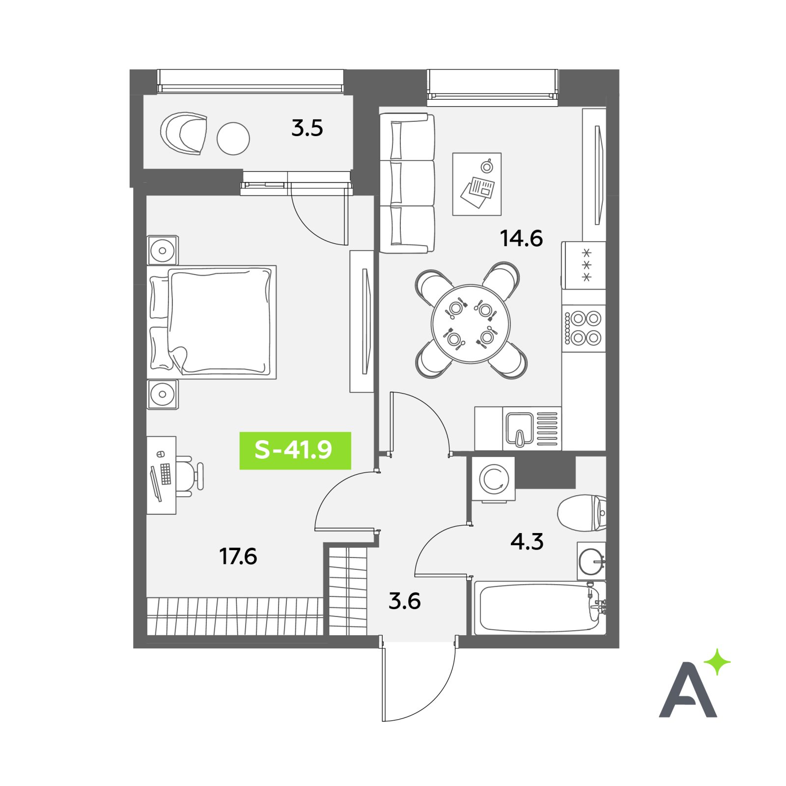 Планировка: 2-комнатная квартира, 41,9 м²