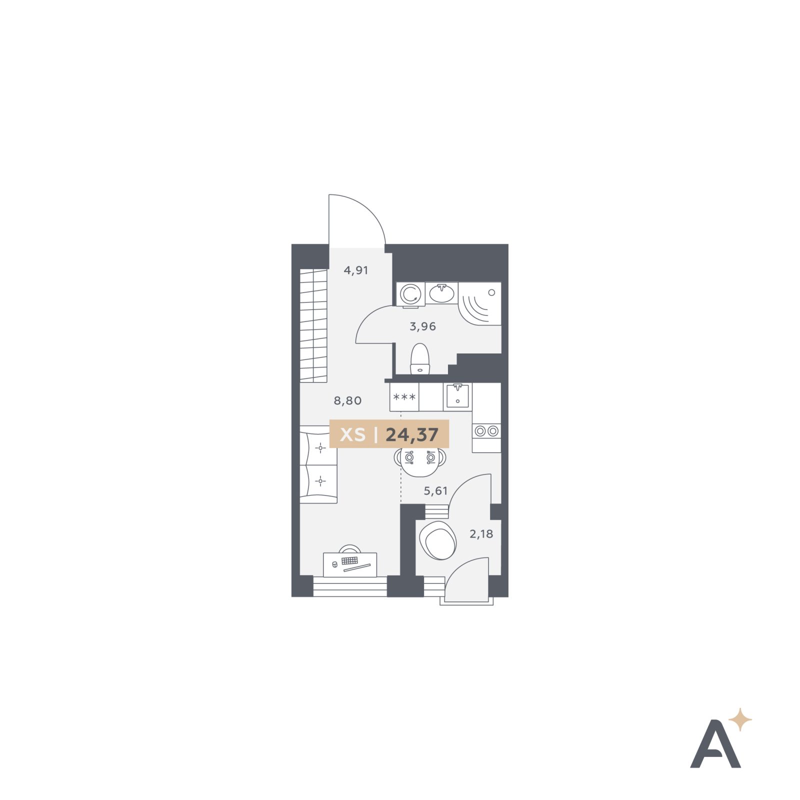 Планировка: студия, 24,4 м²