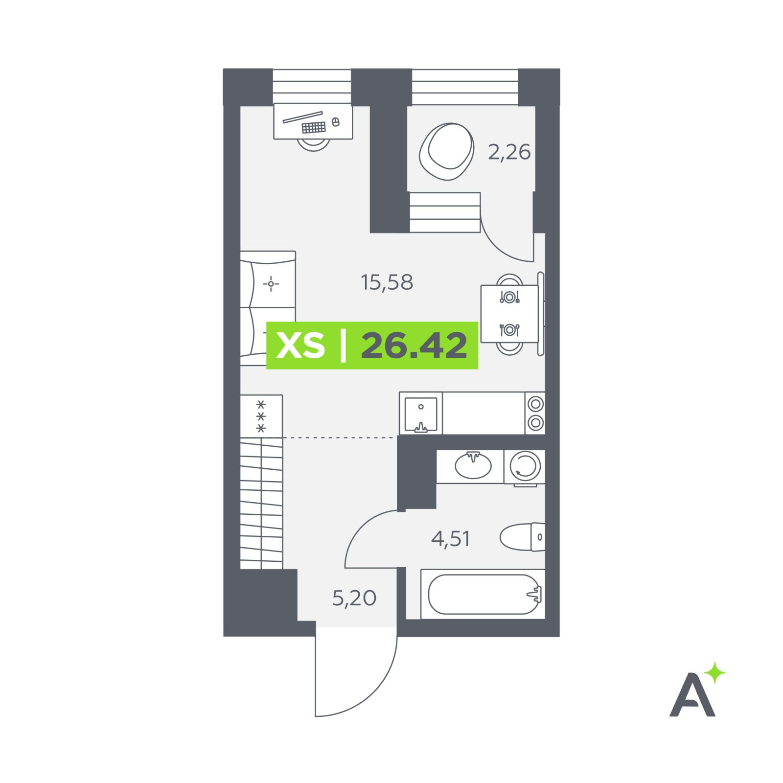 Планировка: студия, 26,4 м²