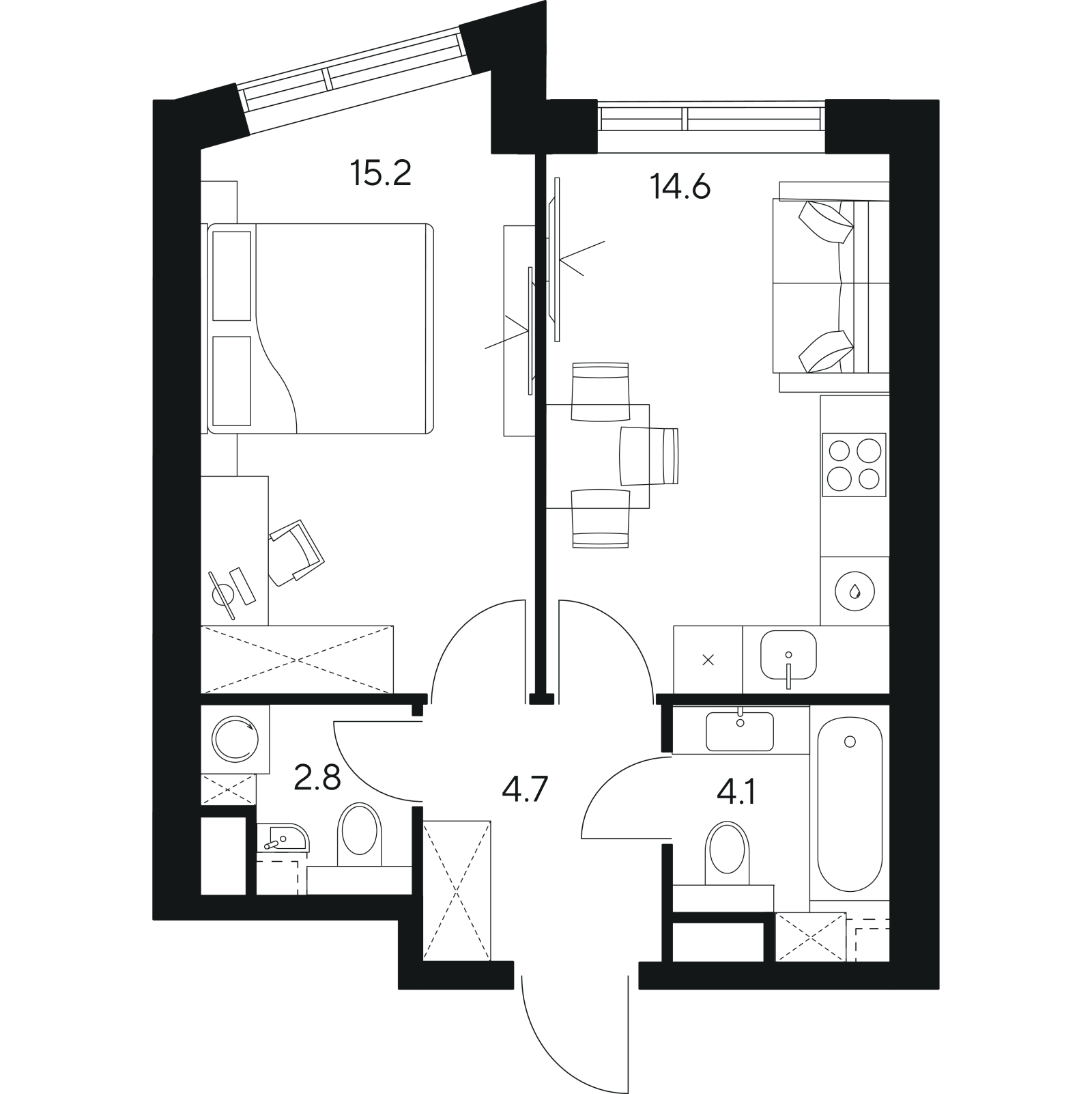 Планировка: 1-комнатная квартира, 41,4 м²