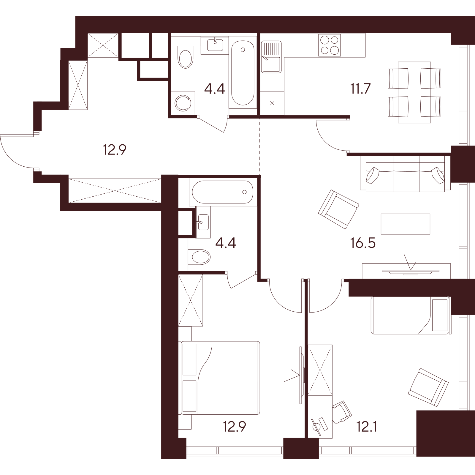 Планировка: 3-комнатная квартира, 74,9 м²