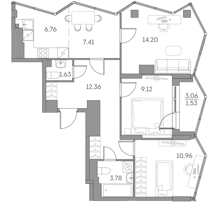 Планировка: 4-комнатная квартира, 67,8 м²