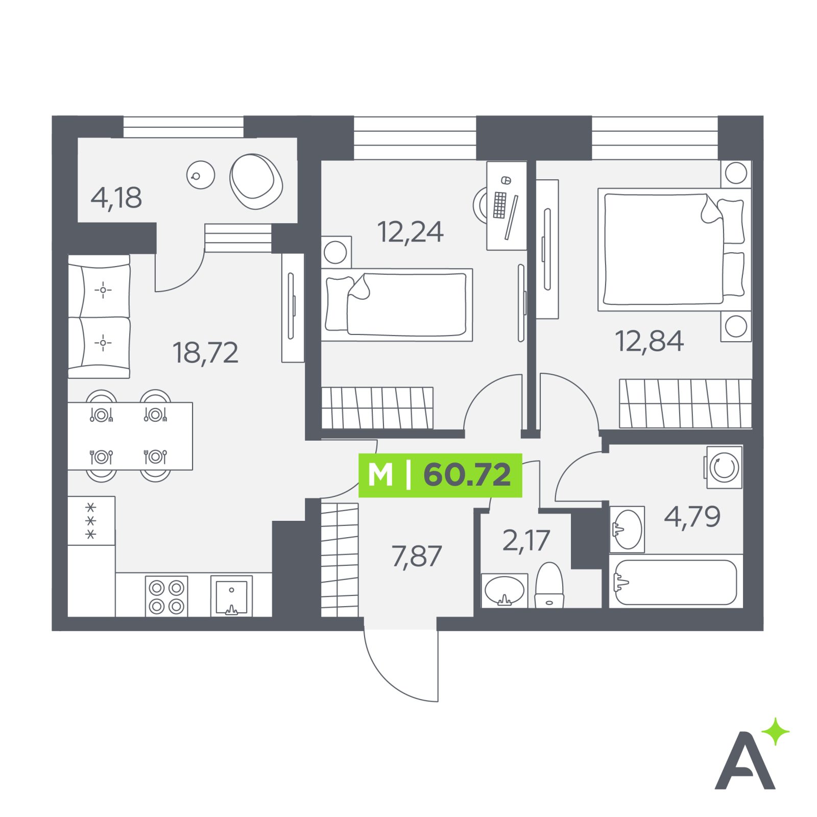 Планировка: 3-комнатная квартира, 60,7 м²