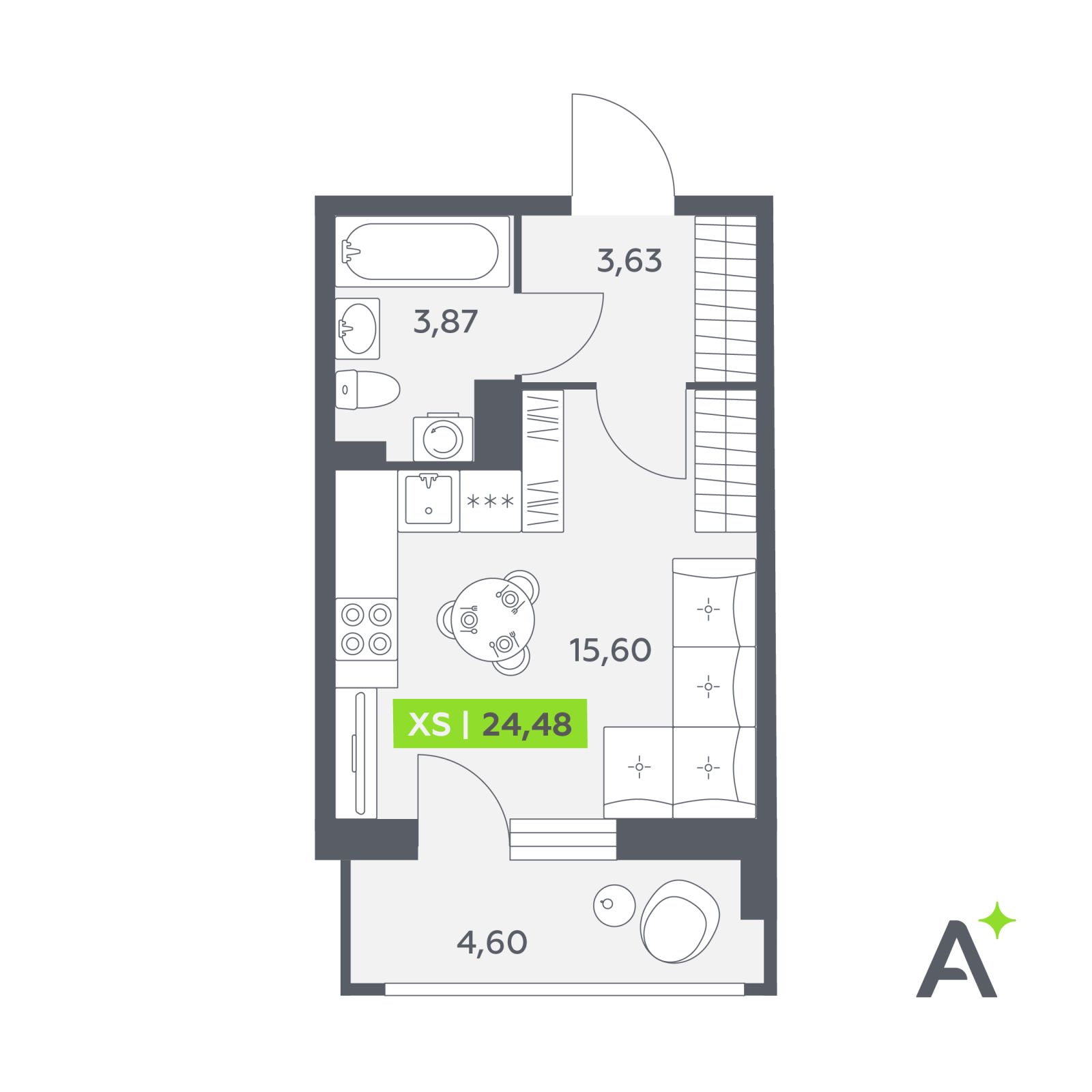 Планировка: студия, 24,5 м²