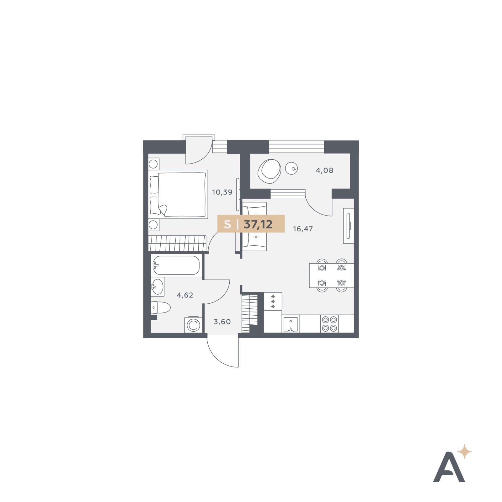 Планировка: 2-комнатная квартира, 37,1 м²