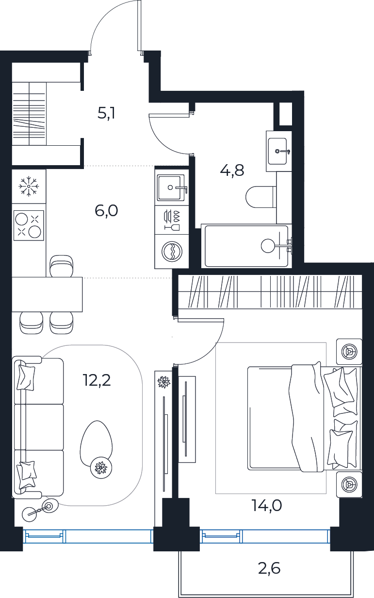 Планировка: 1-комнатная квартира, 42,9 м²