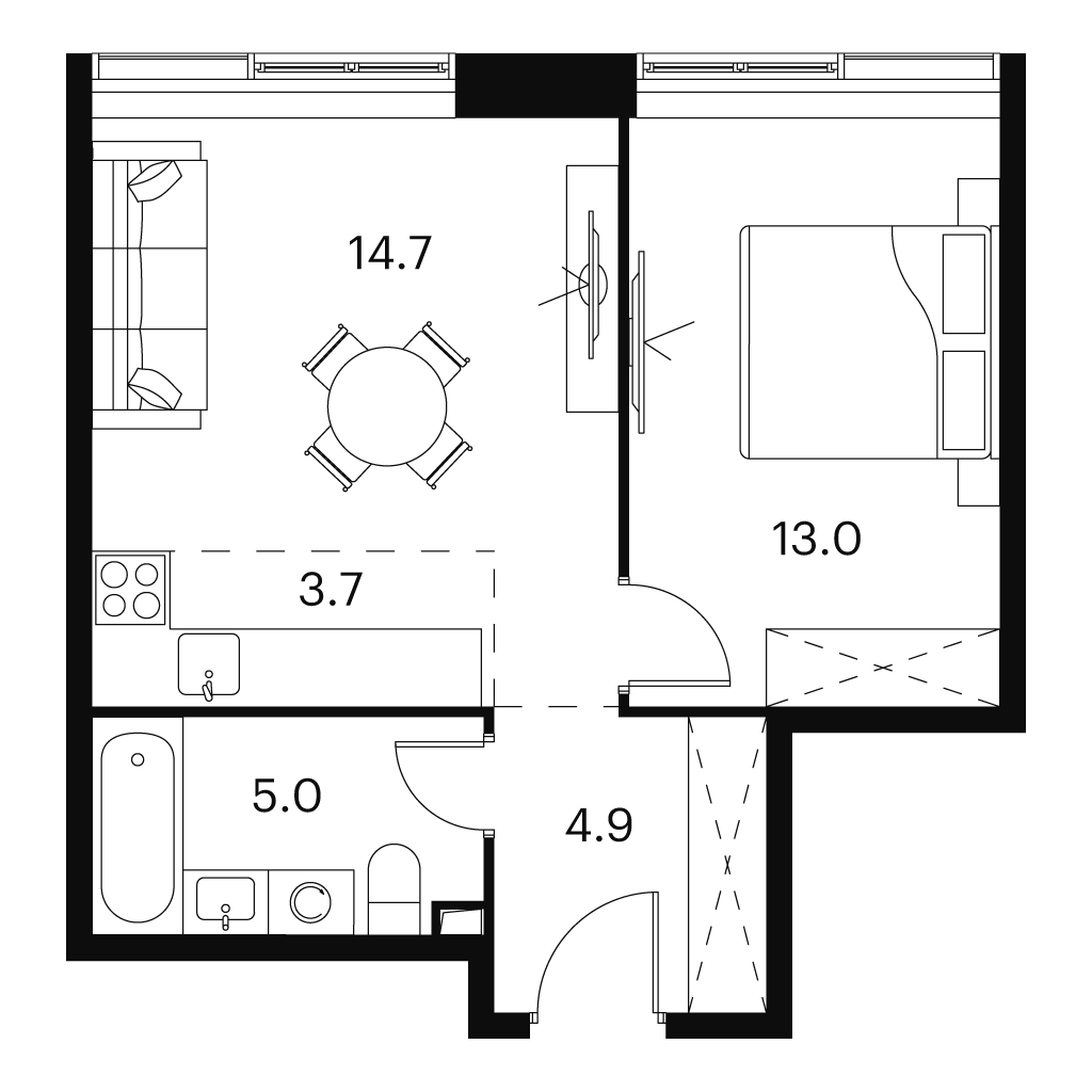 Планировка: 2-комнатная квартира, 41,3 м²