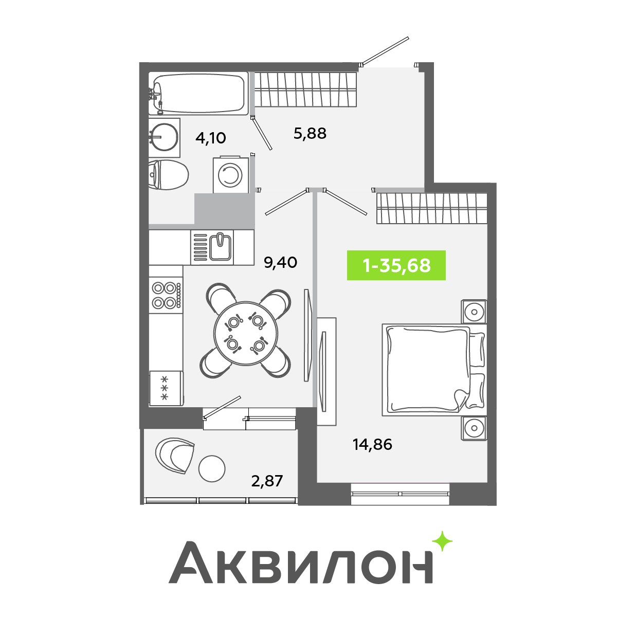 Планировка: 1-комнатная квартира, 35,7 м²