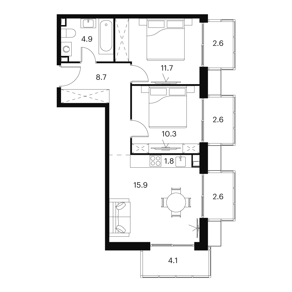Планировка: 3-комнатная квартира, 65,2 м²