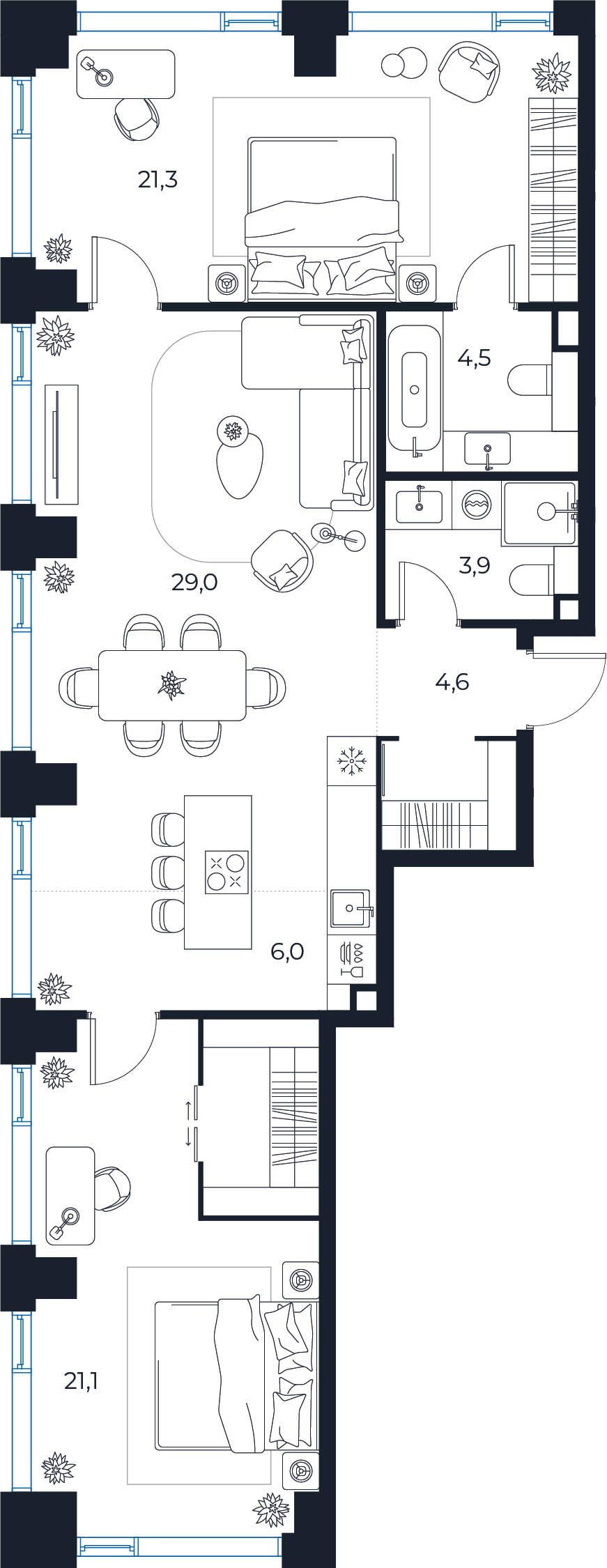 Планировка: 2-комнатная квартира, 90,4 м²