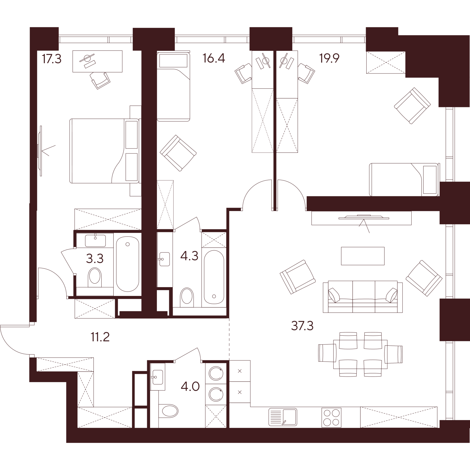 Планировка: 4-комнатная квартира, 113,7 м²