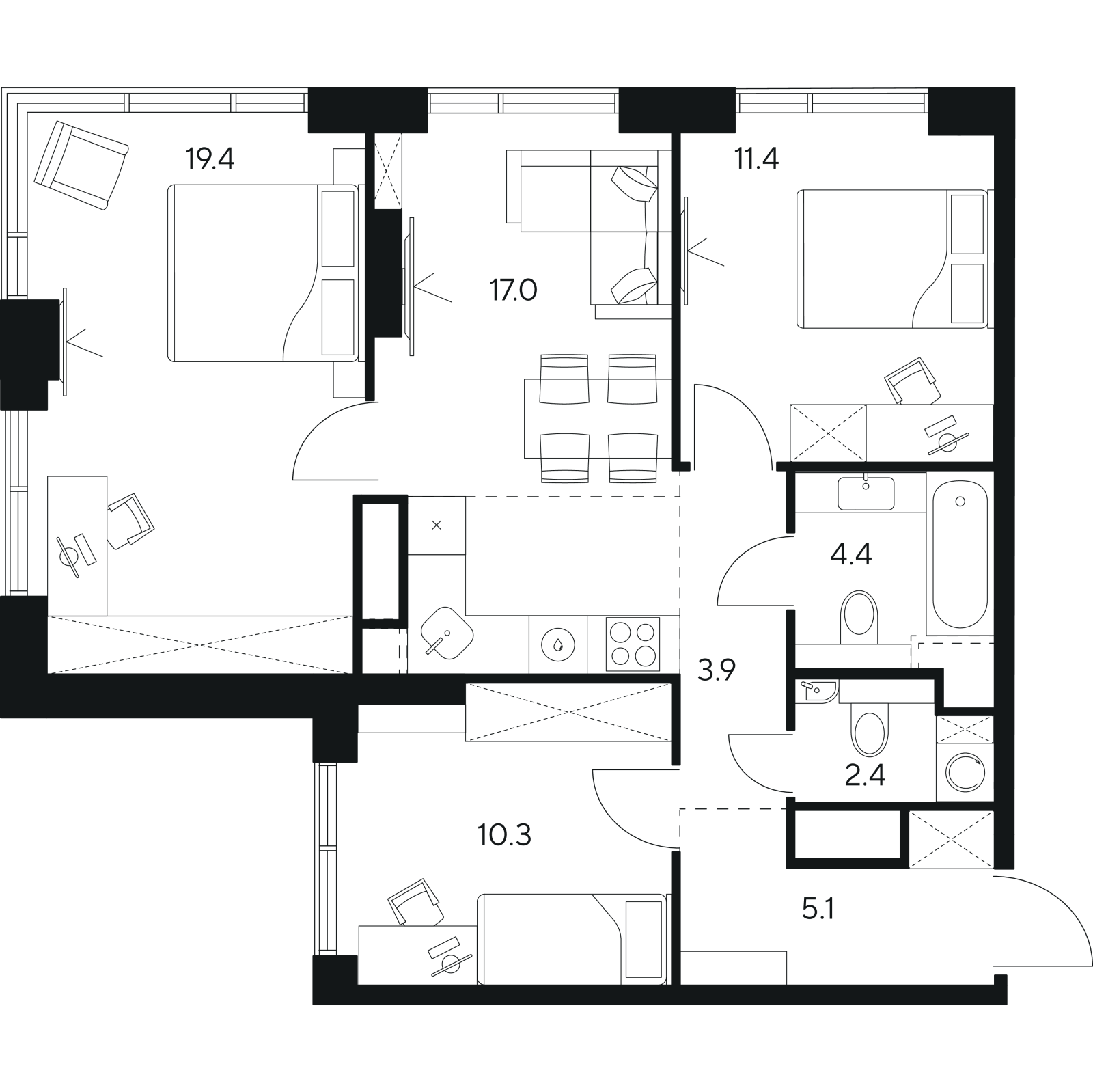 Планировка: 4-комнатная квартира, 73,9 м²
