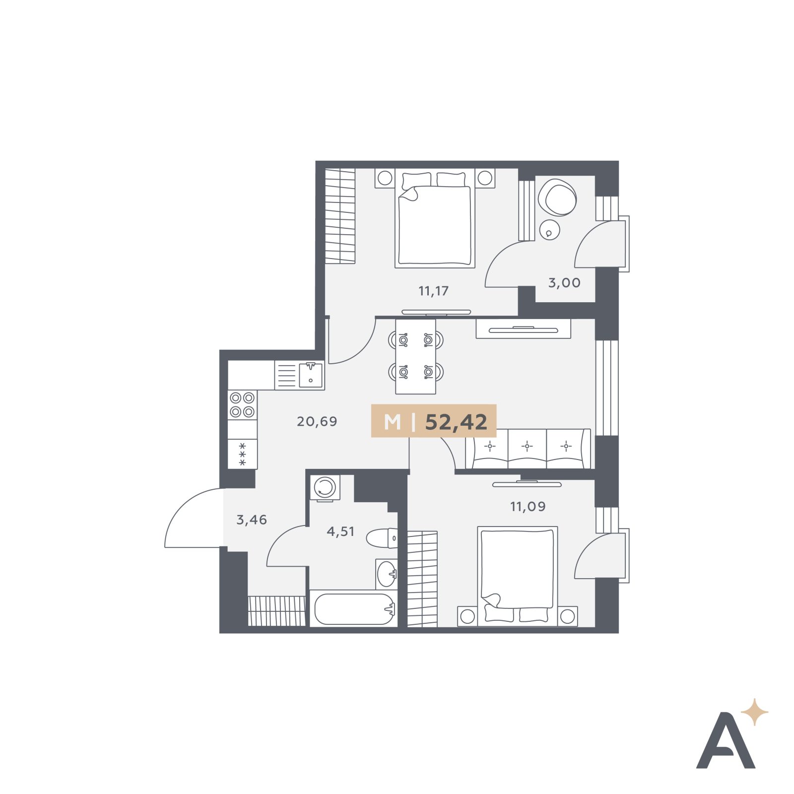 Планировка: 3-комнатная квартира, 52,4 м²