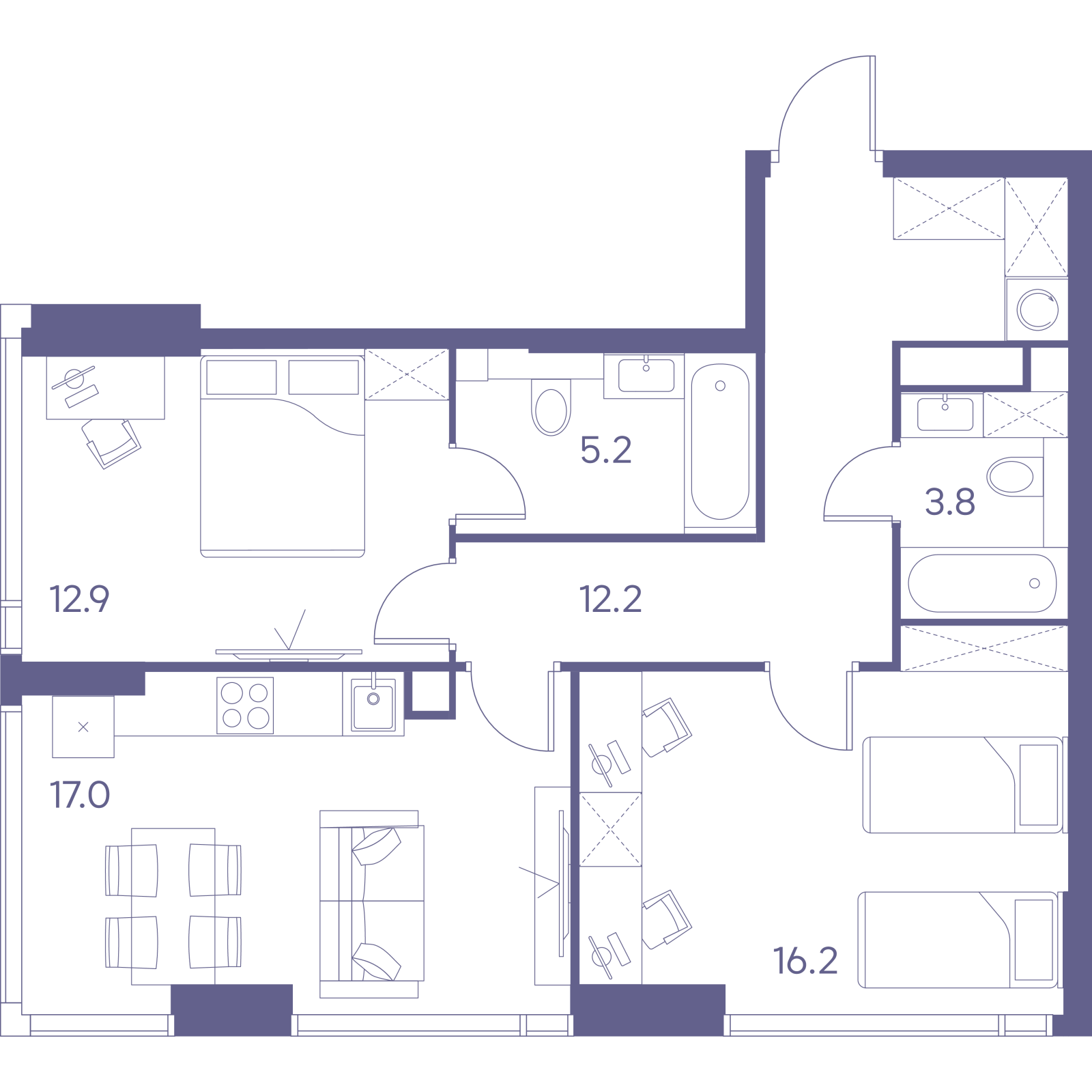 Планировка: 3-комнатная квартира, 67,3 м²