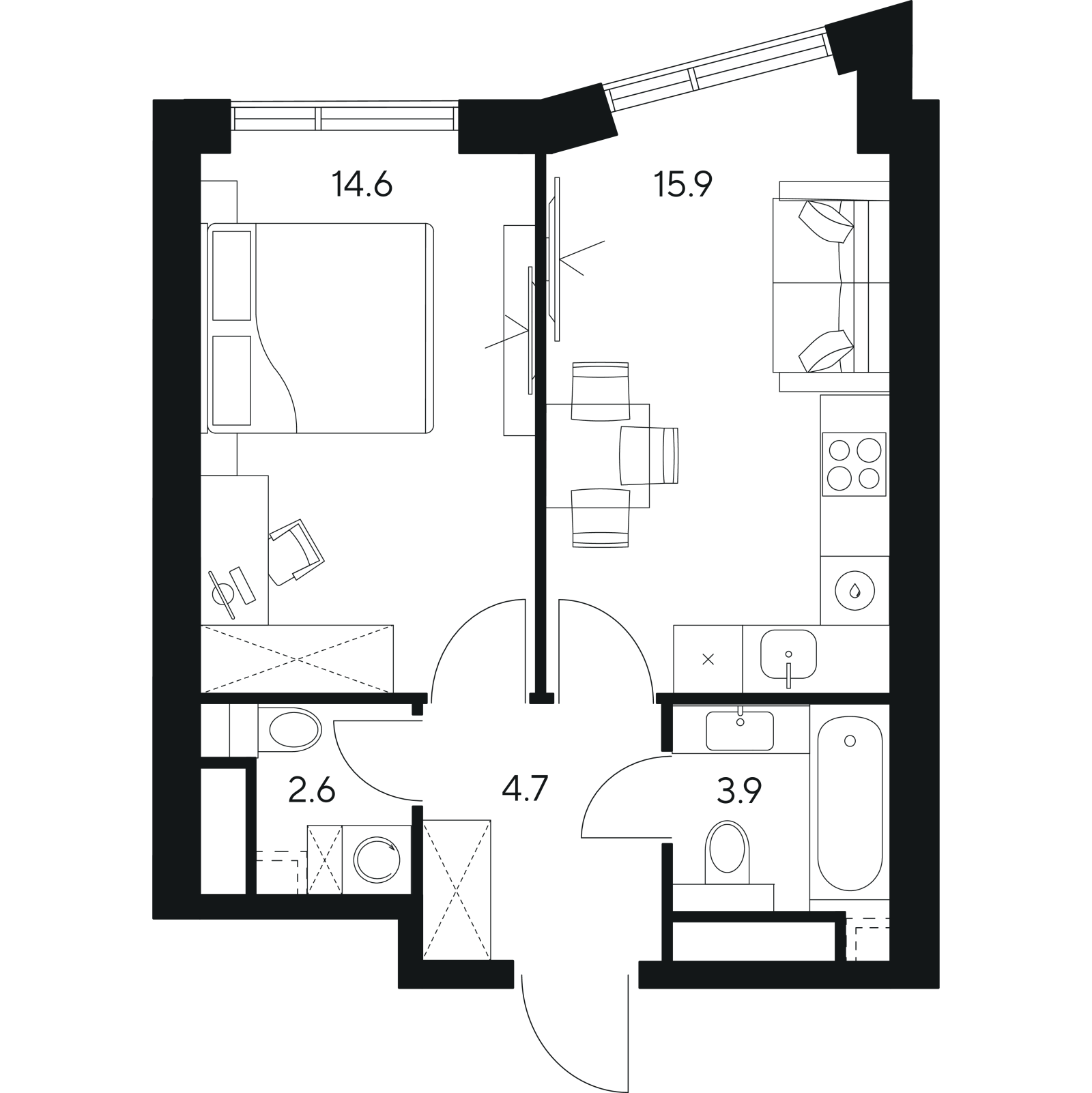 Планировка: 1-комнатная квартира, 41,7 м²