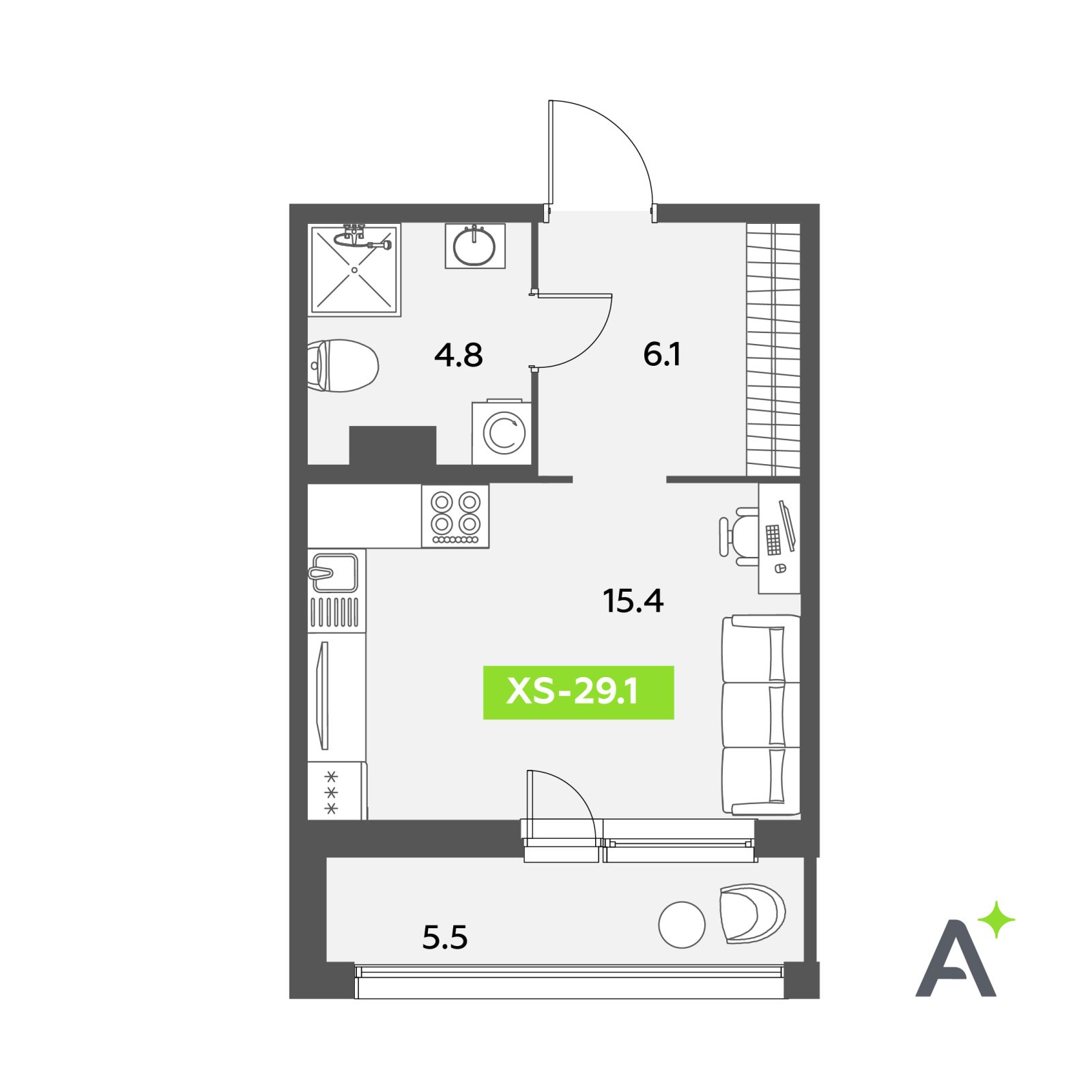 Планировка: студия, 29,1 м²