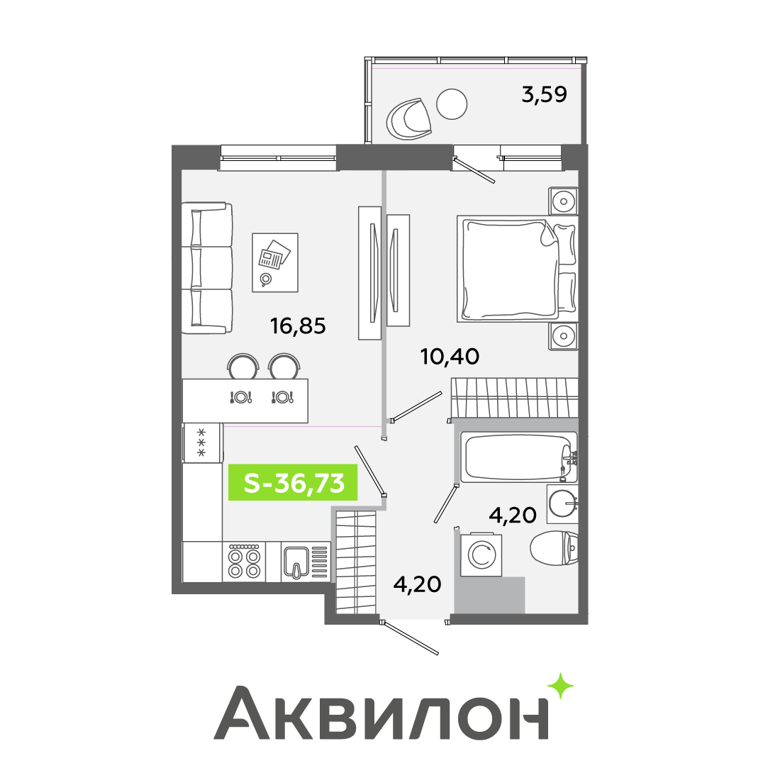 Планировка: 2-комнатная квартира, 36,7 м²