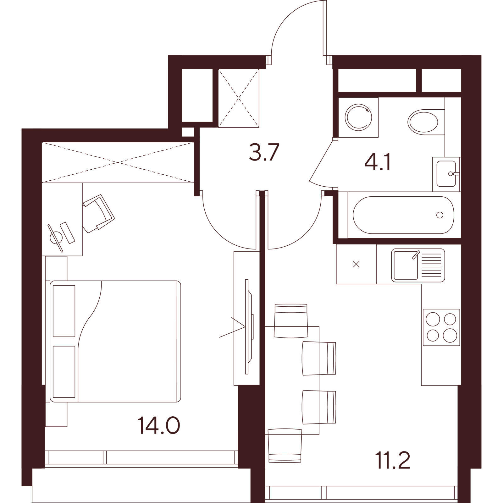 Планировка: 1-комнатная квартира, 33,0 м²