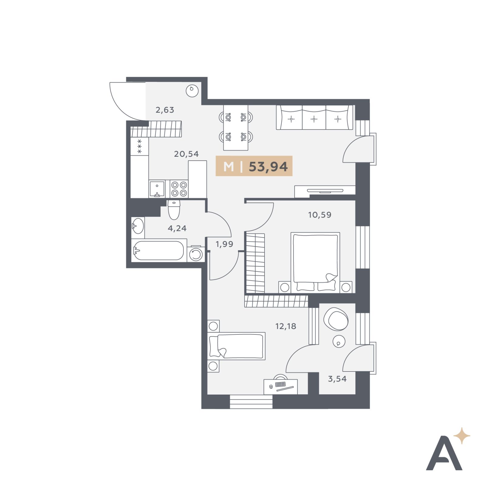 Планировка: 3-комнатная квартира, 53,9 м²