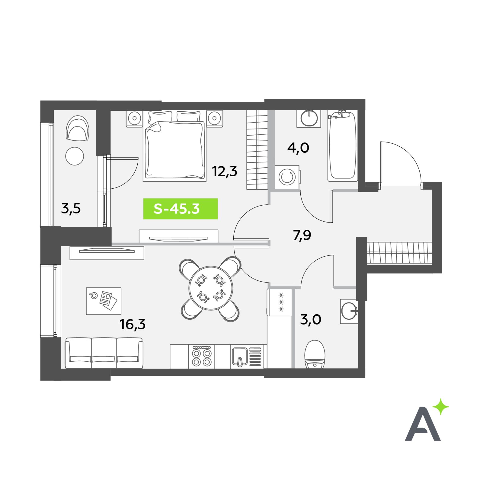 Планировка: 2-комнатная квартира, 45,3 м²