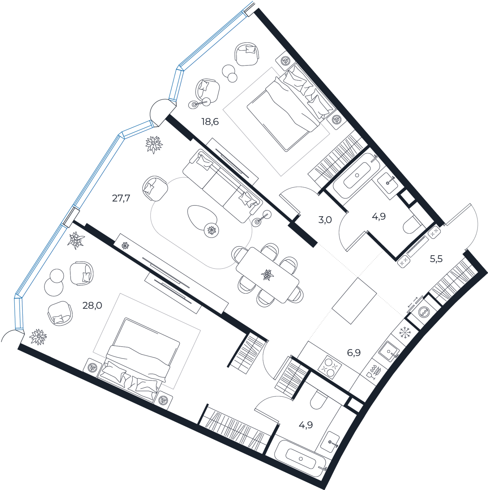 Планировка: 2-комнатная квартира, 99,5 м²