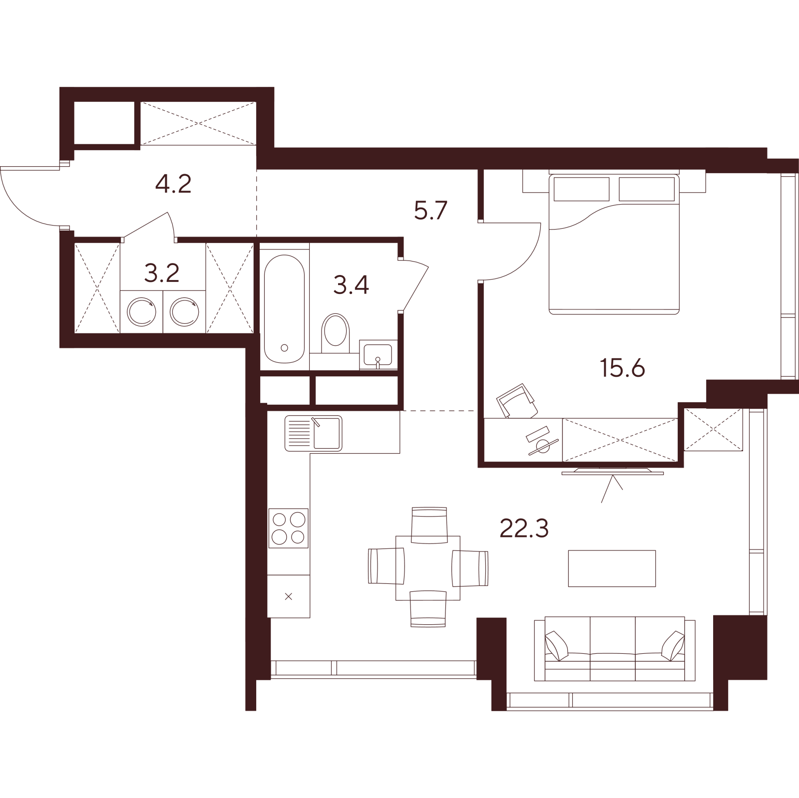 Планировка: 2-комнатная квартира, 54,4 м²