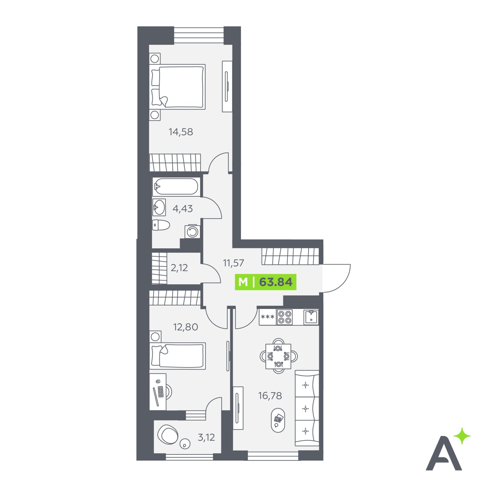 Планировка: 3-комнатная квартира, 63,8 м²