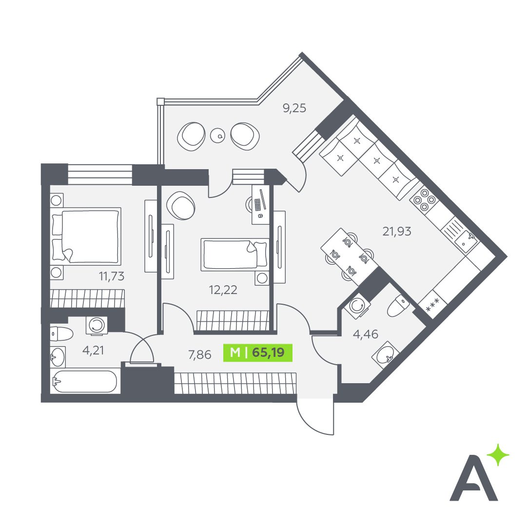 Планировка: 3-комнатная квартира, 65,2 м²