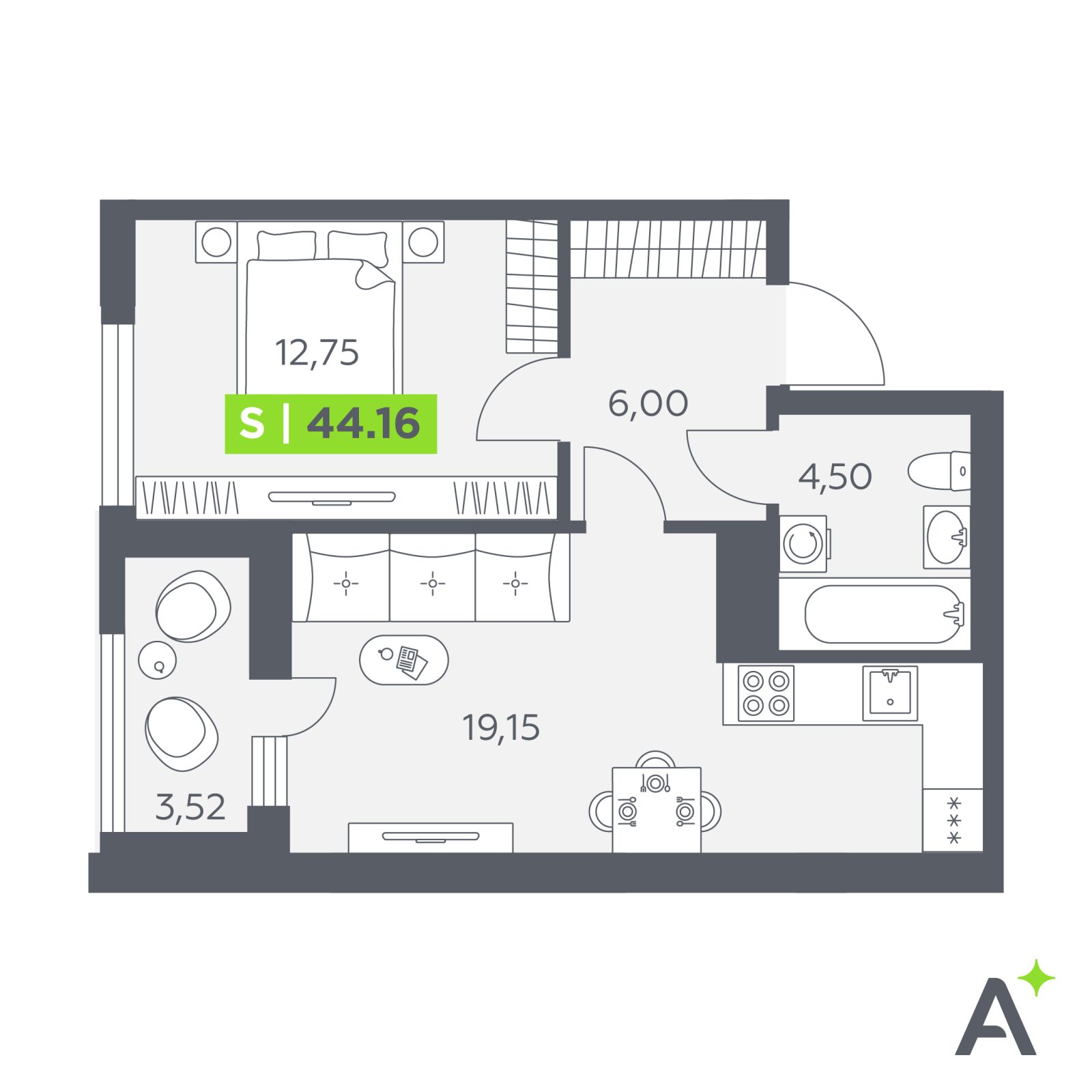 Планировка: 2-комнатная квартира, 44,2 м²