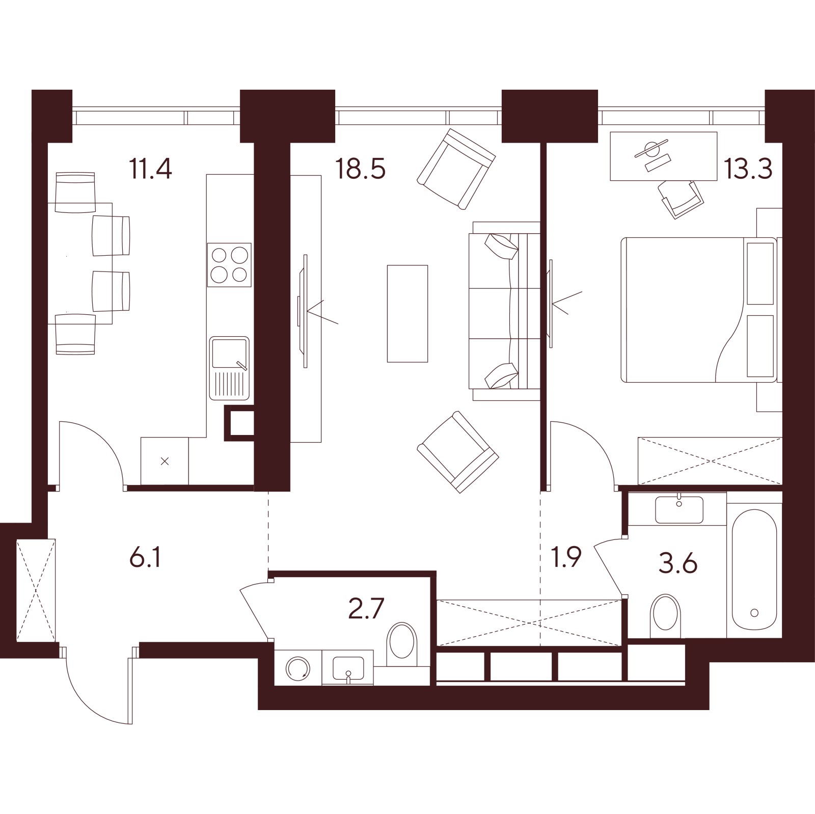 Планировка: 2-комнатная квартира, 57,5 м²