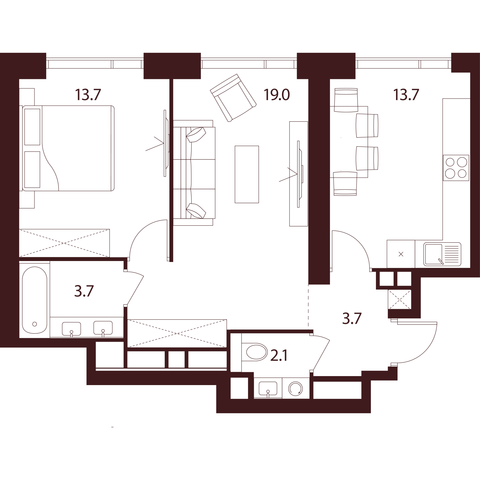 Планировка: 2-комнатная квартира, 55,9 м²