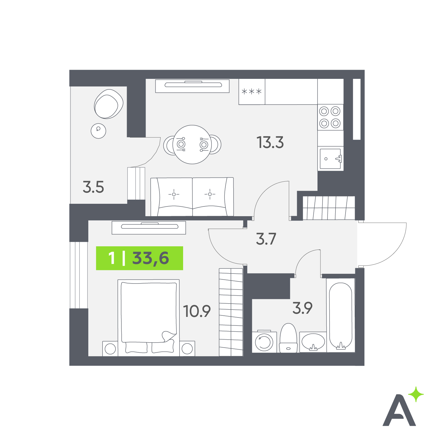 Планировка: 1-комнатная квартира, 33,6 м²