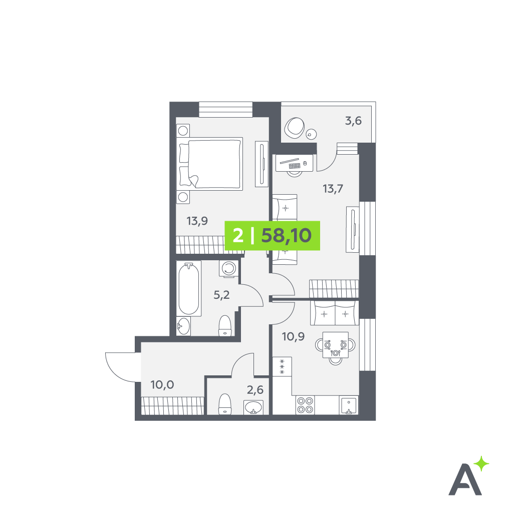 Планировка: 2-комнатная квартира, 58,1 м²