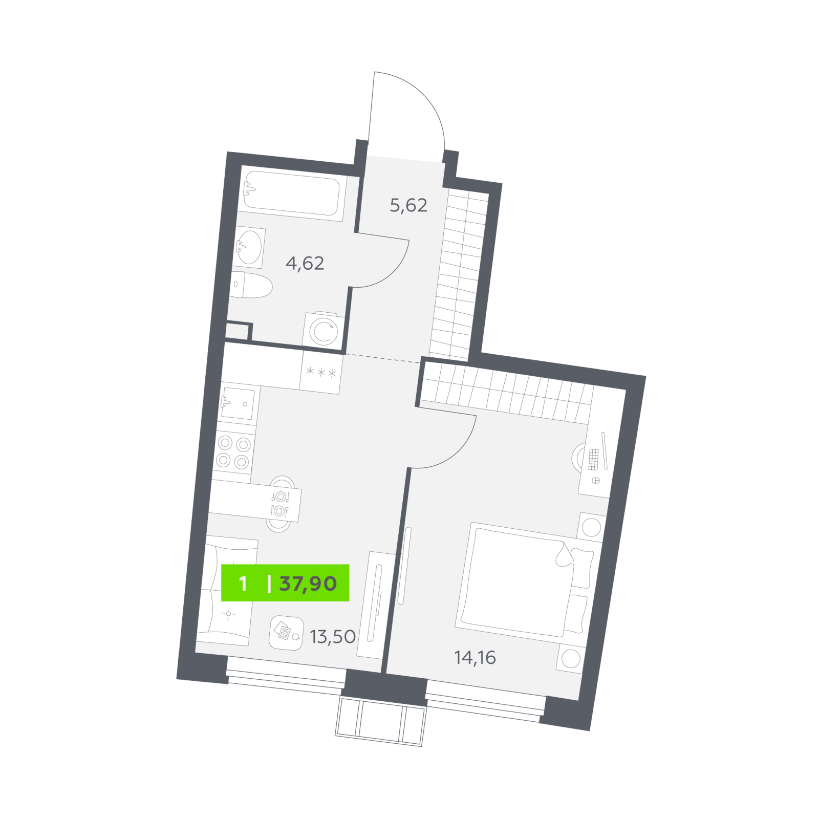 Планировка: 1-комнатная квартира, 37,9 м²