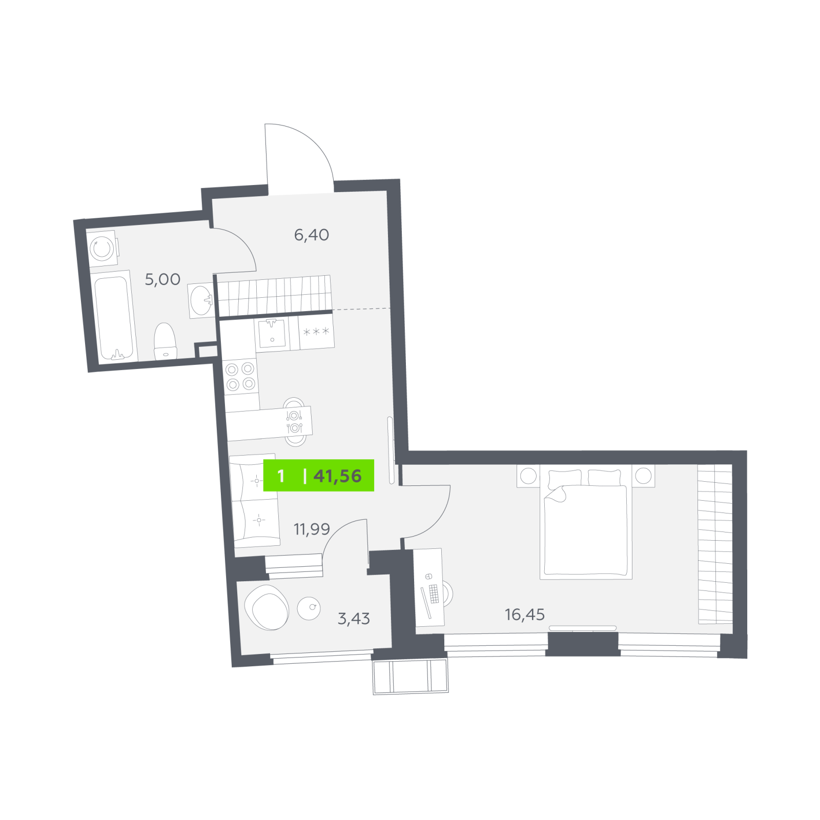 Планировка: 1-комнатная квартира, 41,6 м²