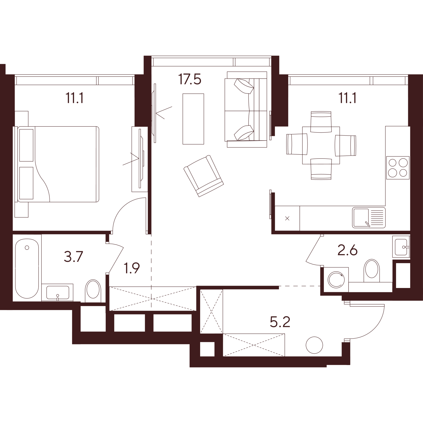 Планировка: 2-комнатная квартира, 53,1 м²