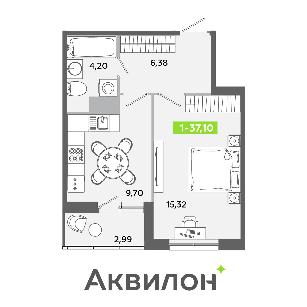 Планировка: 1-комнатная квартира, 37,1 м²