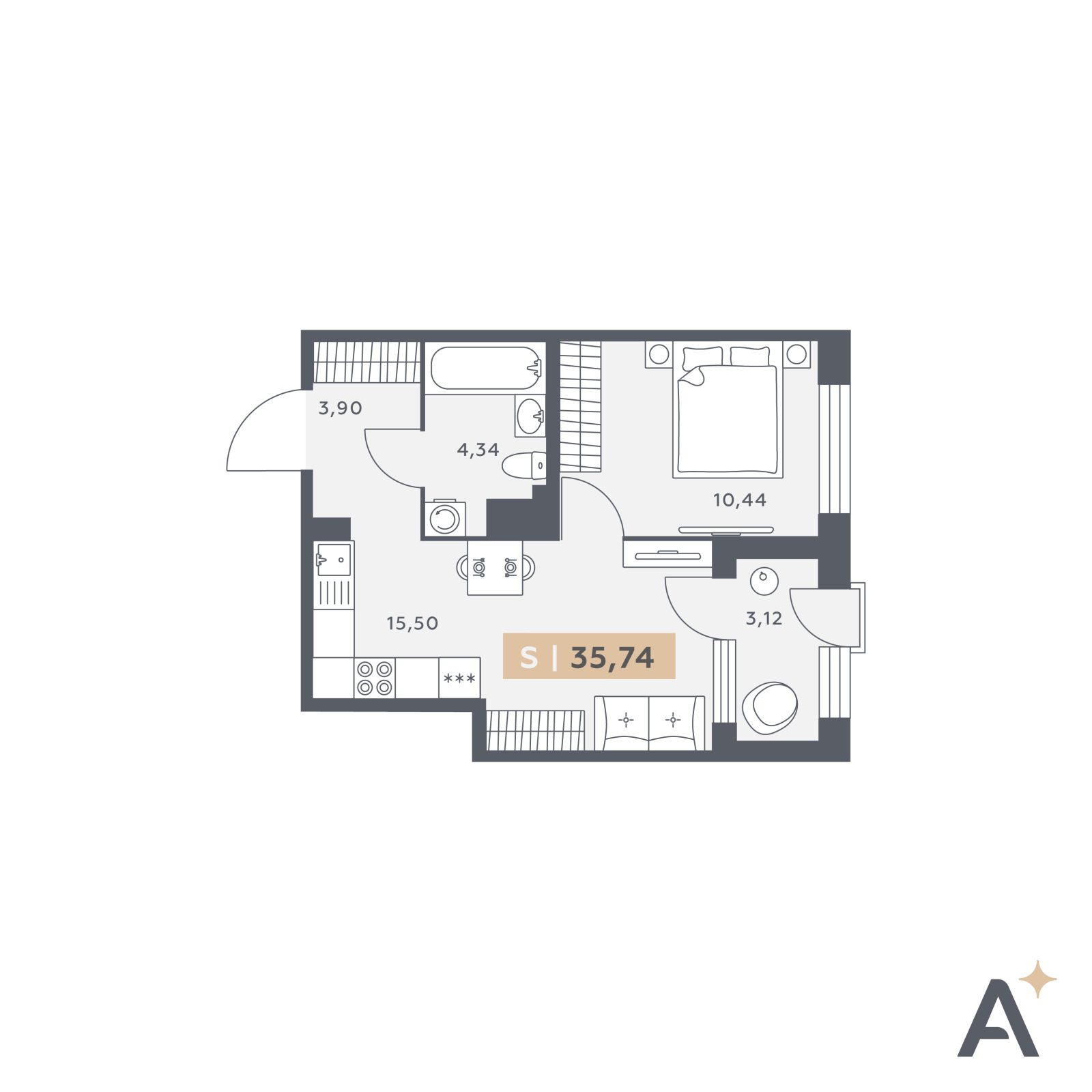 Планировка: 2-комнатная квартира, 35,7 м²